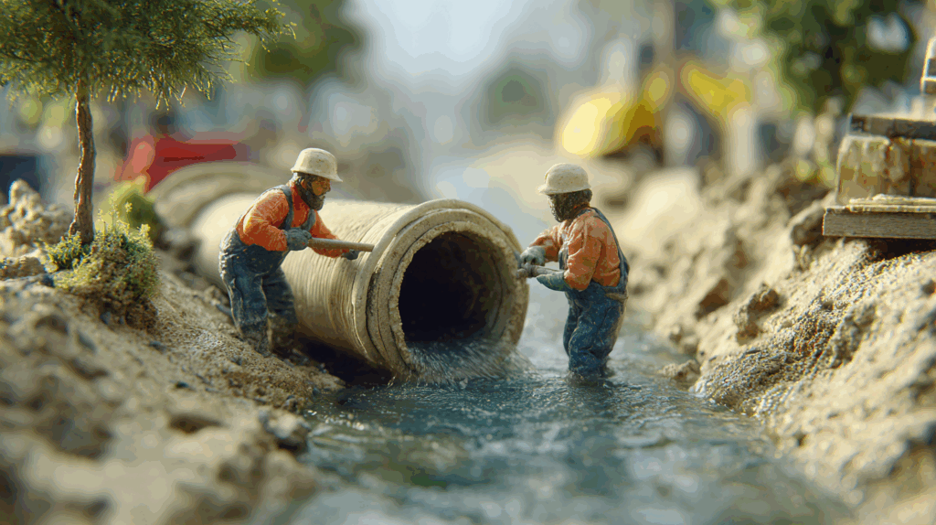 Kanalreinigung Bayerlein. Miniatur Modell zweier Arbeiter vor einem Kanal